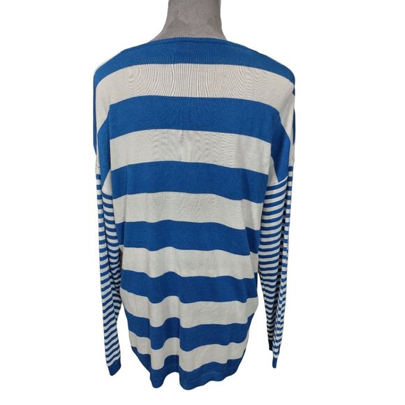 Womens Sweater Striped Contrasting Sleeve Blue White Tunic Stretch Large 12-14 - Picture 2 of 6